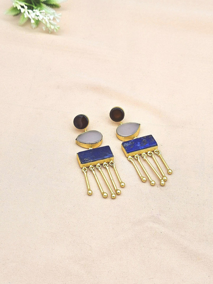 Artistic Gold plated Smoky-Rose Qtz-Lapis Charming Designer Dangle Drop Earrings