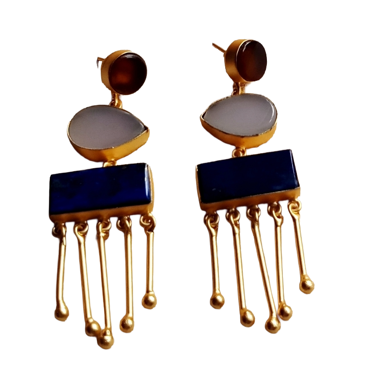 Artistic Gold plated Smoky-Rose Qtz-Lapis Charming Designer Dangle Drop Earrings