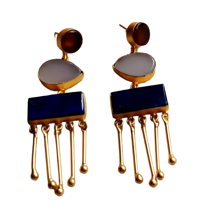 Artistic Gold plated Smoky-Rose Qtz-Lapis Charming Designer Dangle Drop Earrings