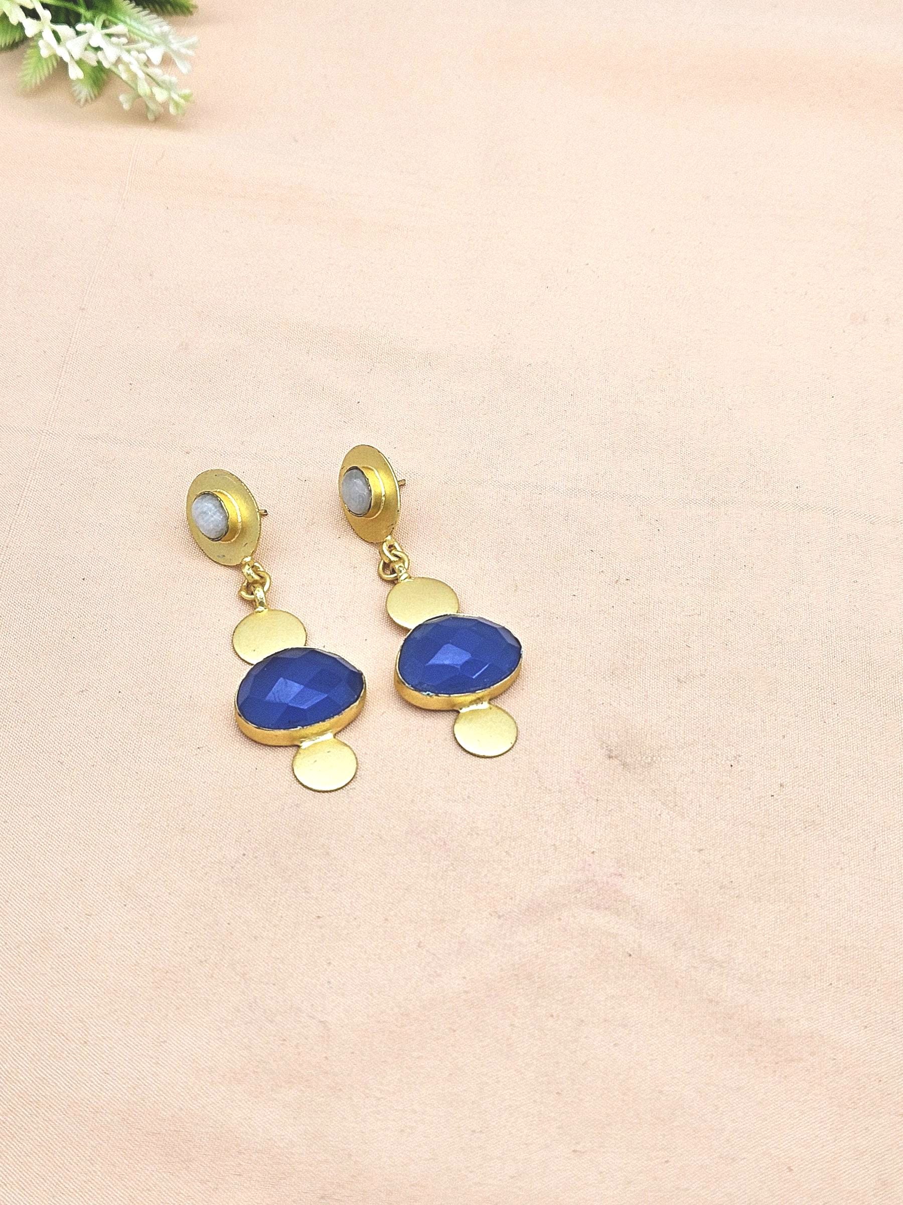 Handcrafted Gold plated White Rainbow Blue Chalcedony Gem stone Charming Designer Dangle Drop Earrings