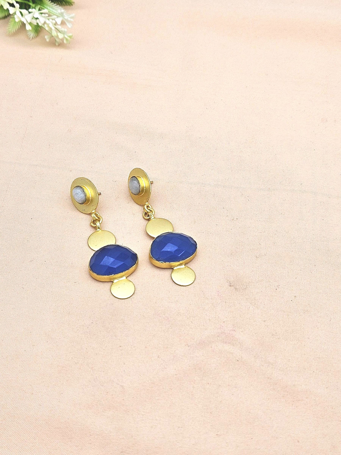 Handcrafted Gold plated White Rainbow Blue Chalcedony Gem stone Charming Designer Dangle Drop Earrings