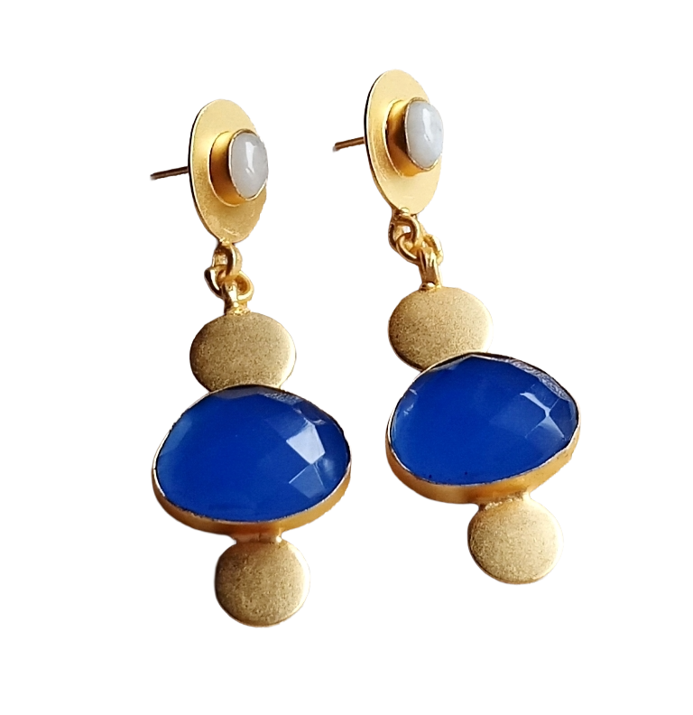Handcrafted Gold plated White Rainbow Blue Chalcedony Gem stone Charming Designer Dangle Drop Earrings