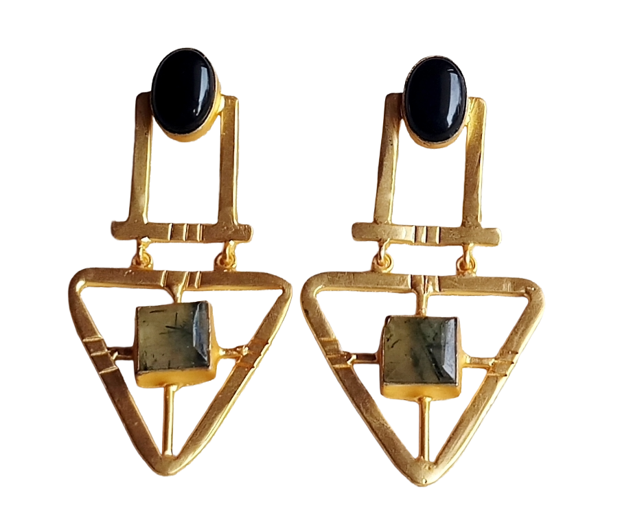 Charming Gold plated Black Onyx-Prehnite Beautiful Geometrical Designer Dangle Drop Earrings