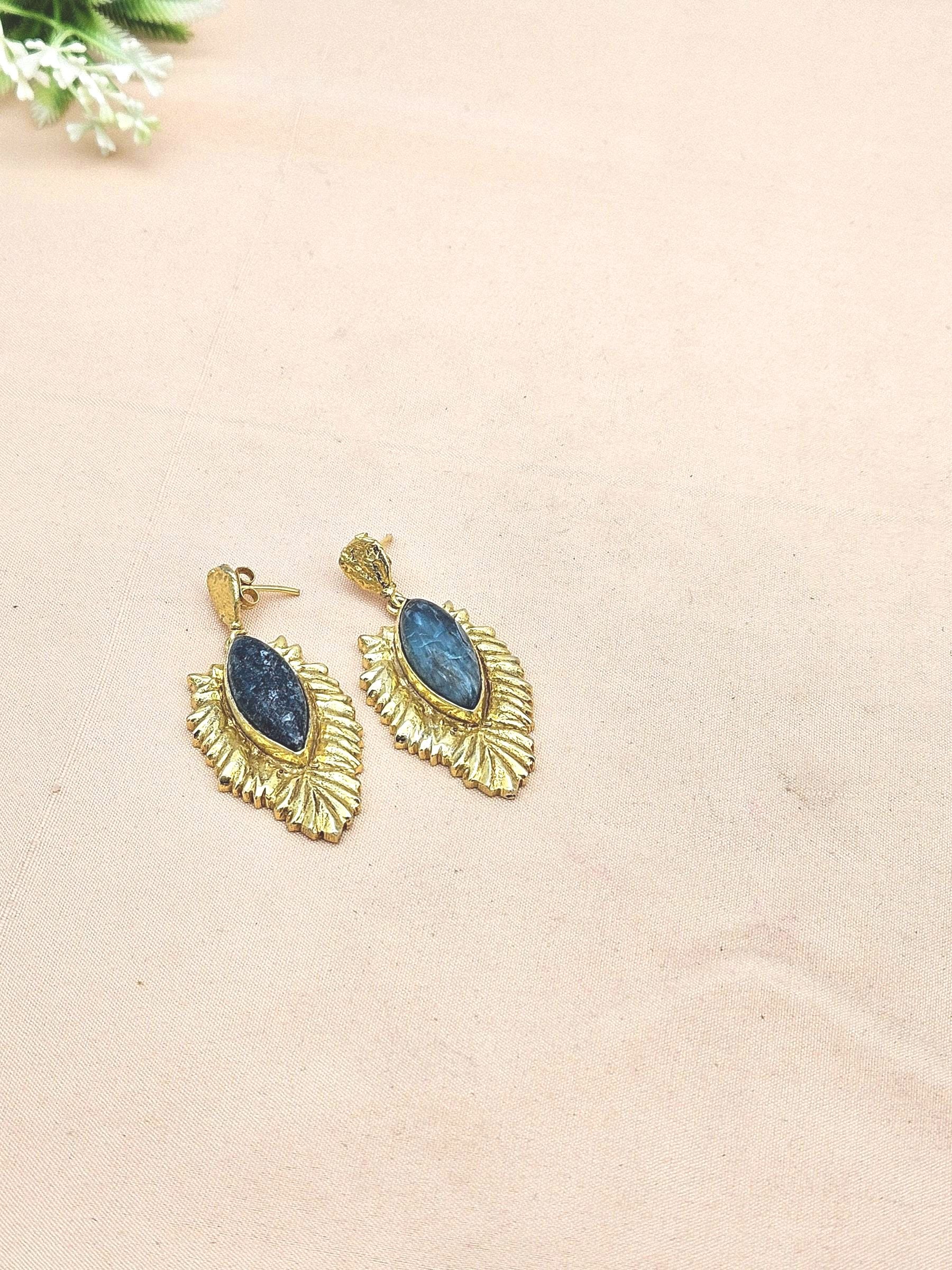 Amazing Gold plated Green Jasper stone Charming Floral Designer Dangle Drop Earrings
