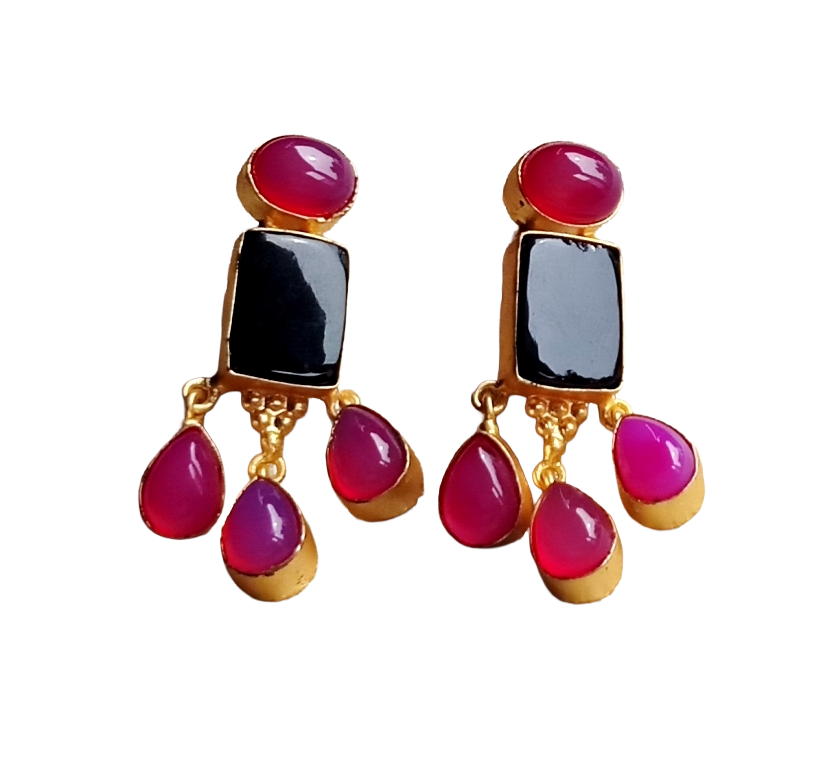 Charming Gold plated Black & Magenta Onyx Stone Beautiful Designer Dangle Drop Earrings