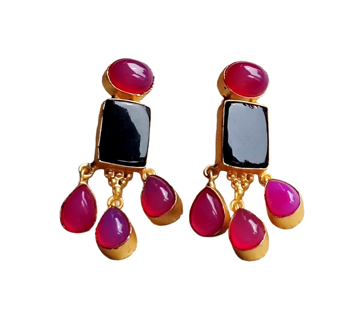 Charming Gold plated Black & Magenta Onyx Stone Beautiful Designer Dangle Drop Earrings