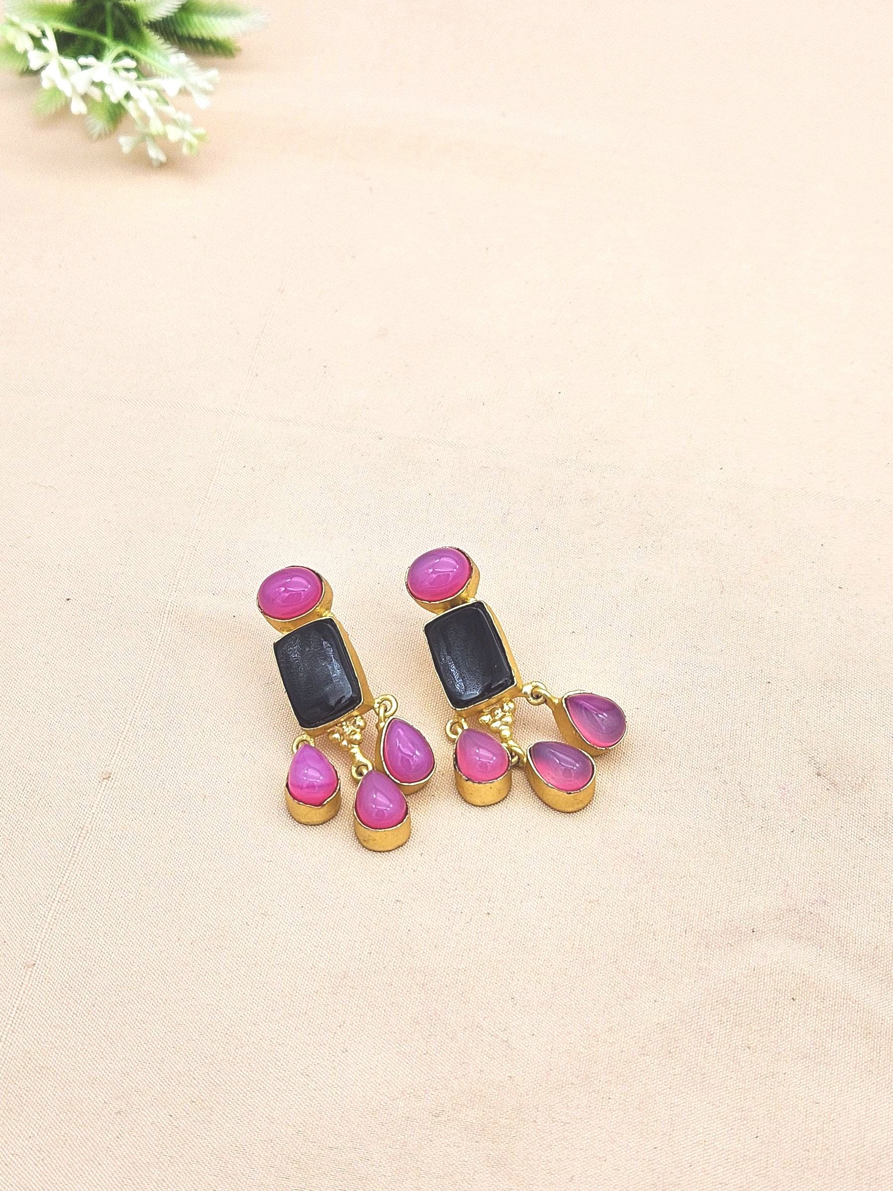 Charming Gold plated Black & Magenta Onyx Stone Beautiful Designer Dangle Drop Earrings