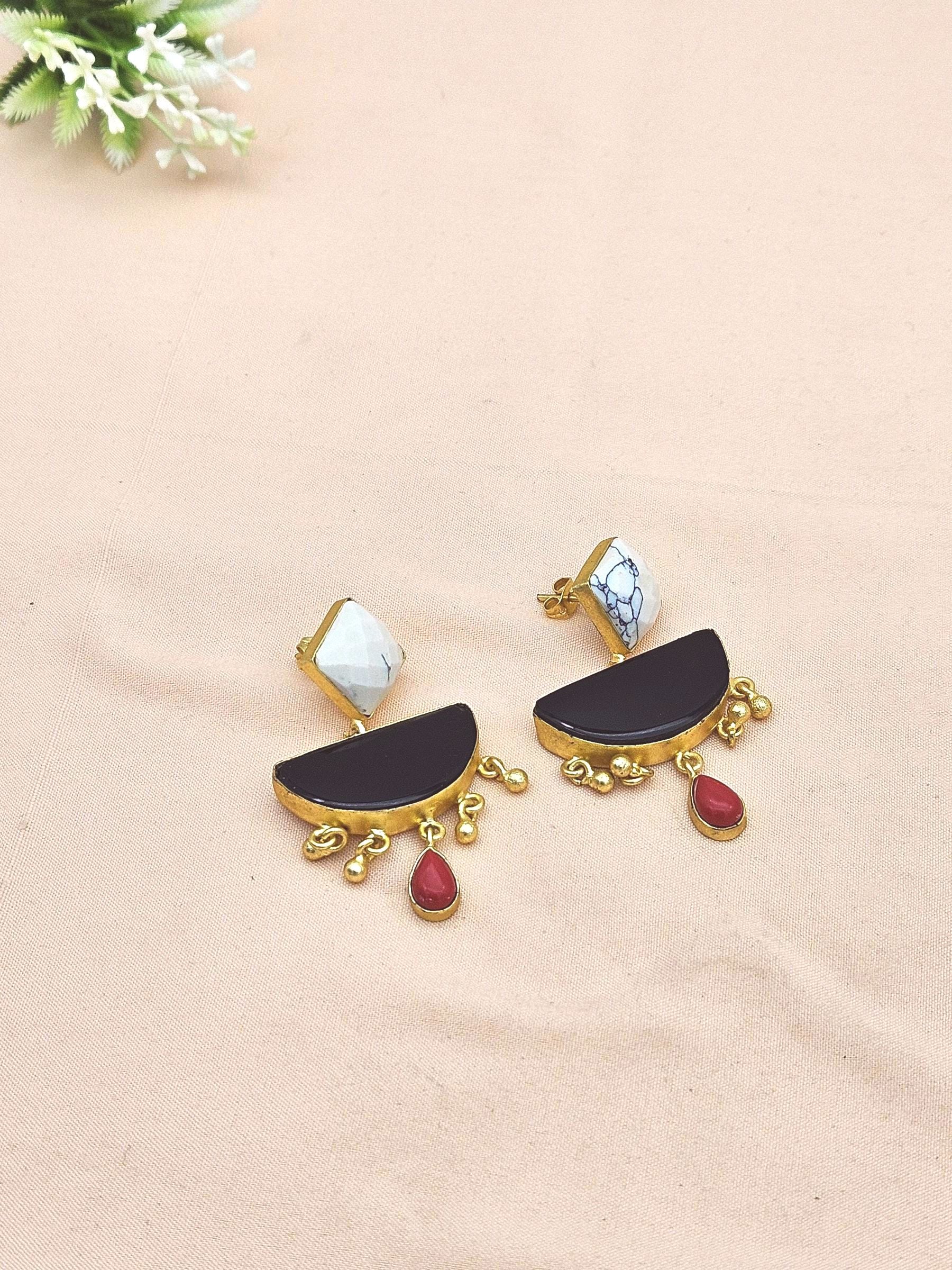Awesome Handcrafted  Golden Black Onyx -Coral-Howlite Gem Stone Charming Designer Dangle Drop Earrings
