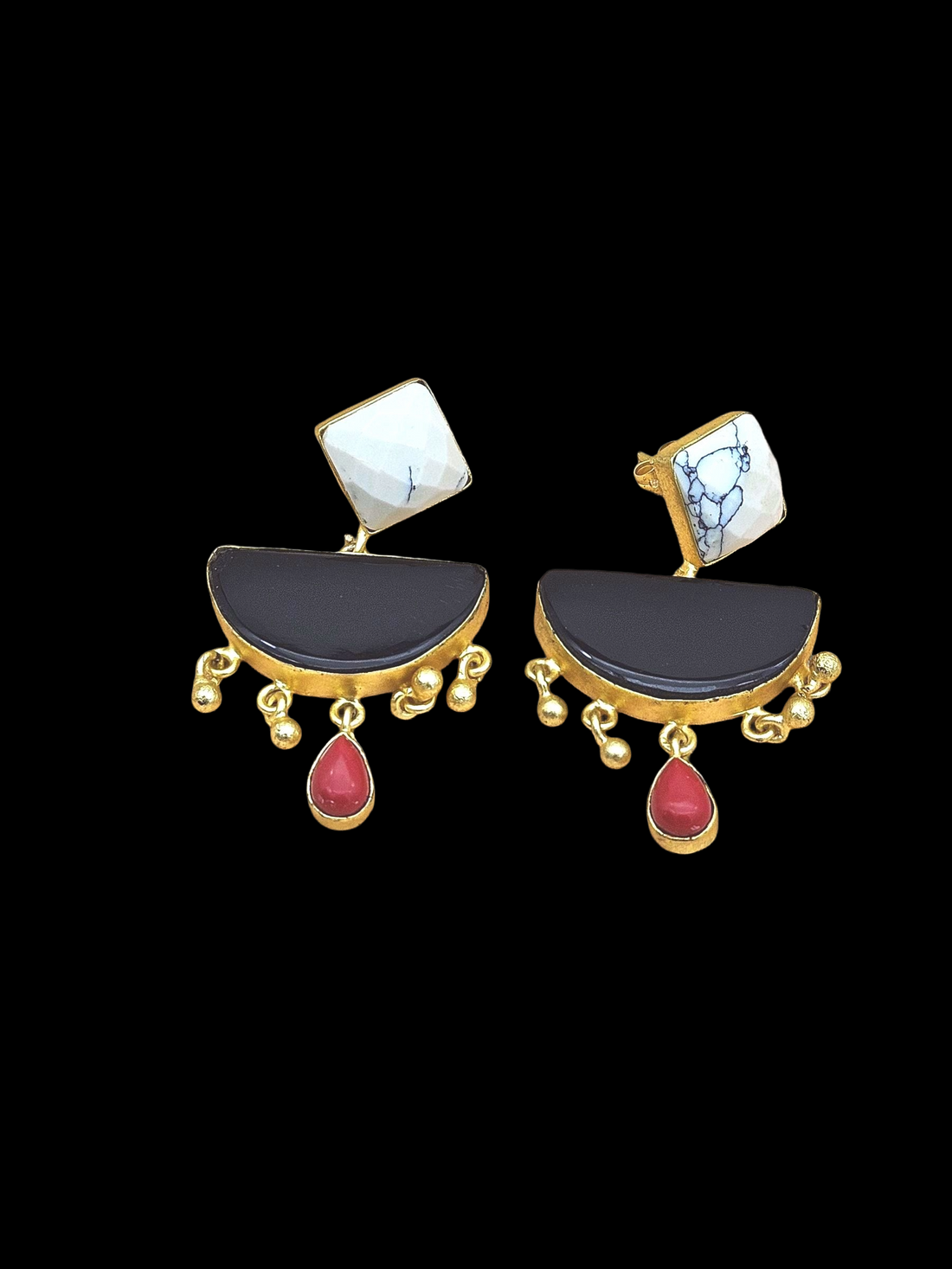 Awesome Handcrafted  Golden Black Onyx -Coral-Howlite Gem Stone Charming Designer Dangle Drop Earrings