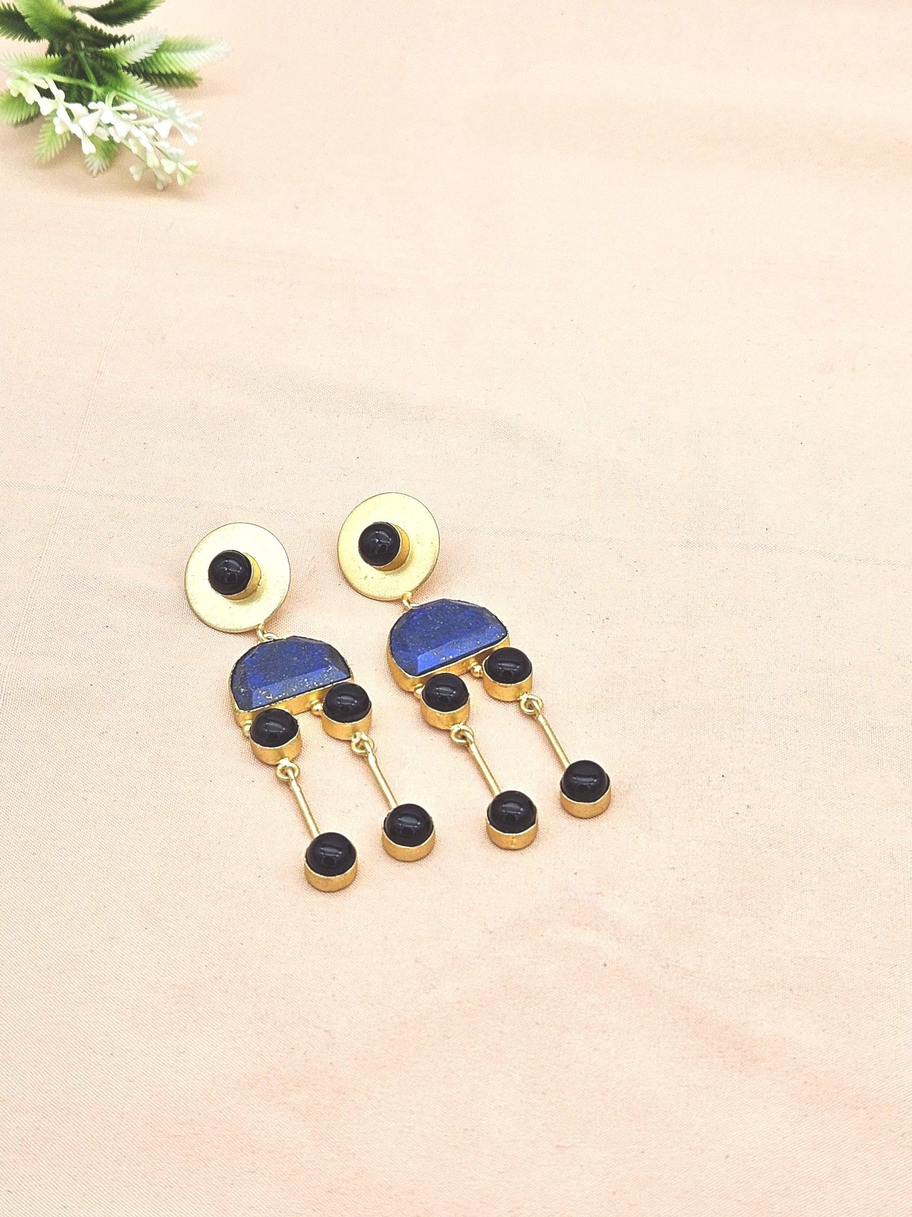Gorgeous Gold plated Lapis-Black Onyx Stone Charming Designer Dangle Drop Earrings