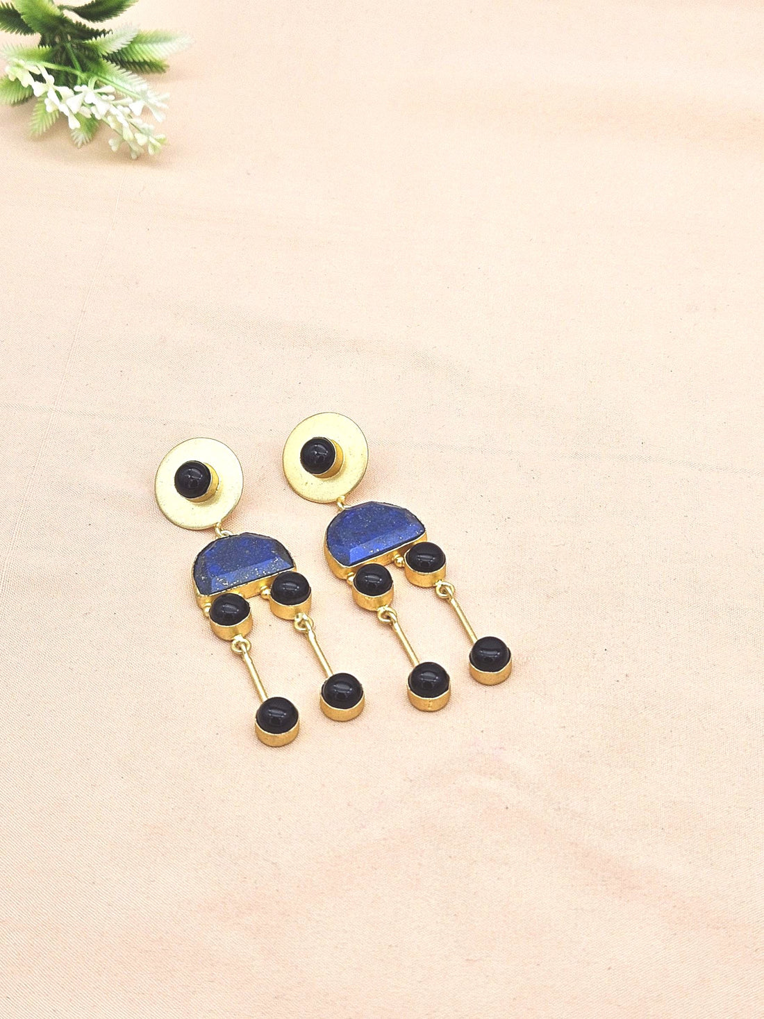 Gorgeous Gold plated Lapis-Black Onyx Stone Charming Designer Dangle Drop Earrings