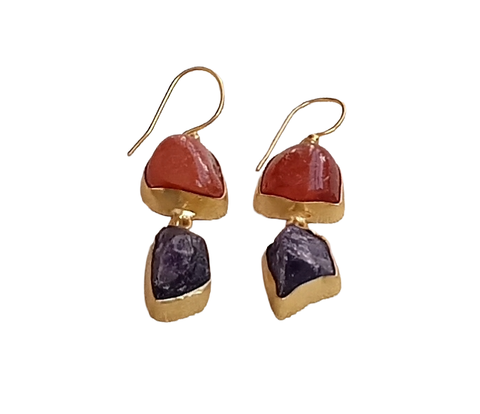 Charming Gold plated Rough Carnelian-Amethyst Stone Cute Designer Dangle Drop Earrings