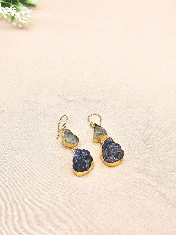 Charming Gold plated Rough Green Amethyst-Black Onyx Stone Cute Designer Dangle Drop Earrings