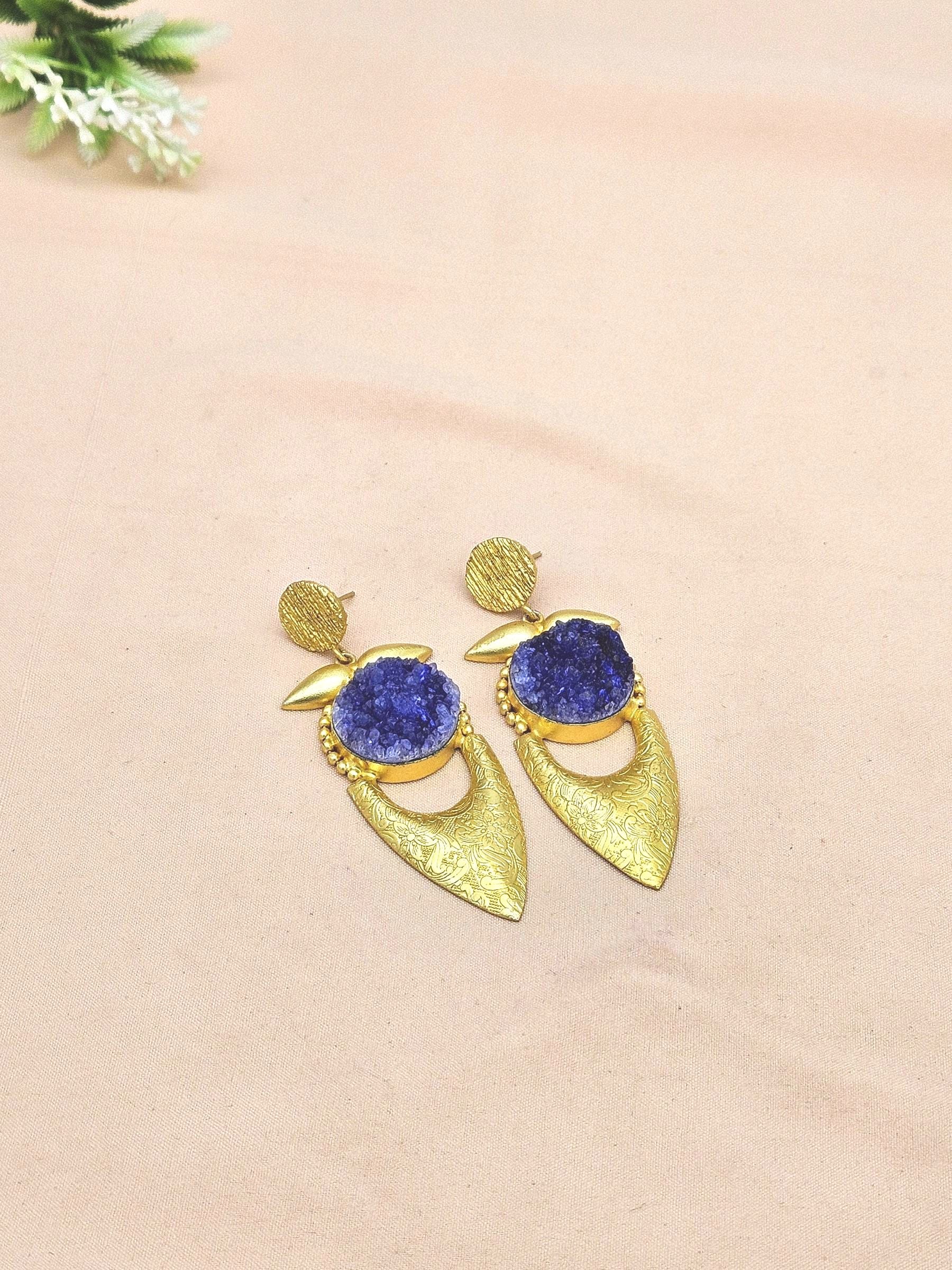 Awesome Gold plated Blue Crystal Druzyl Cute Designer Dangle Drop Earrings