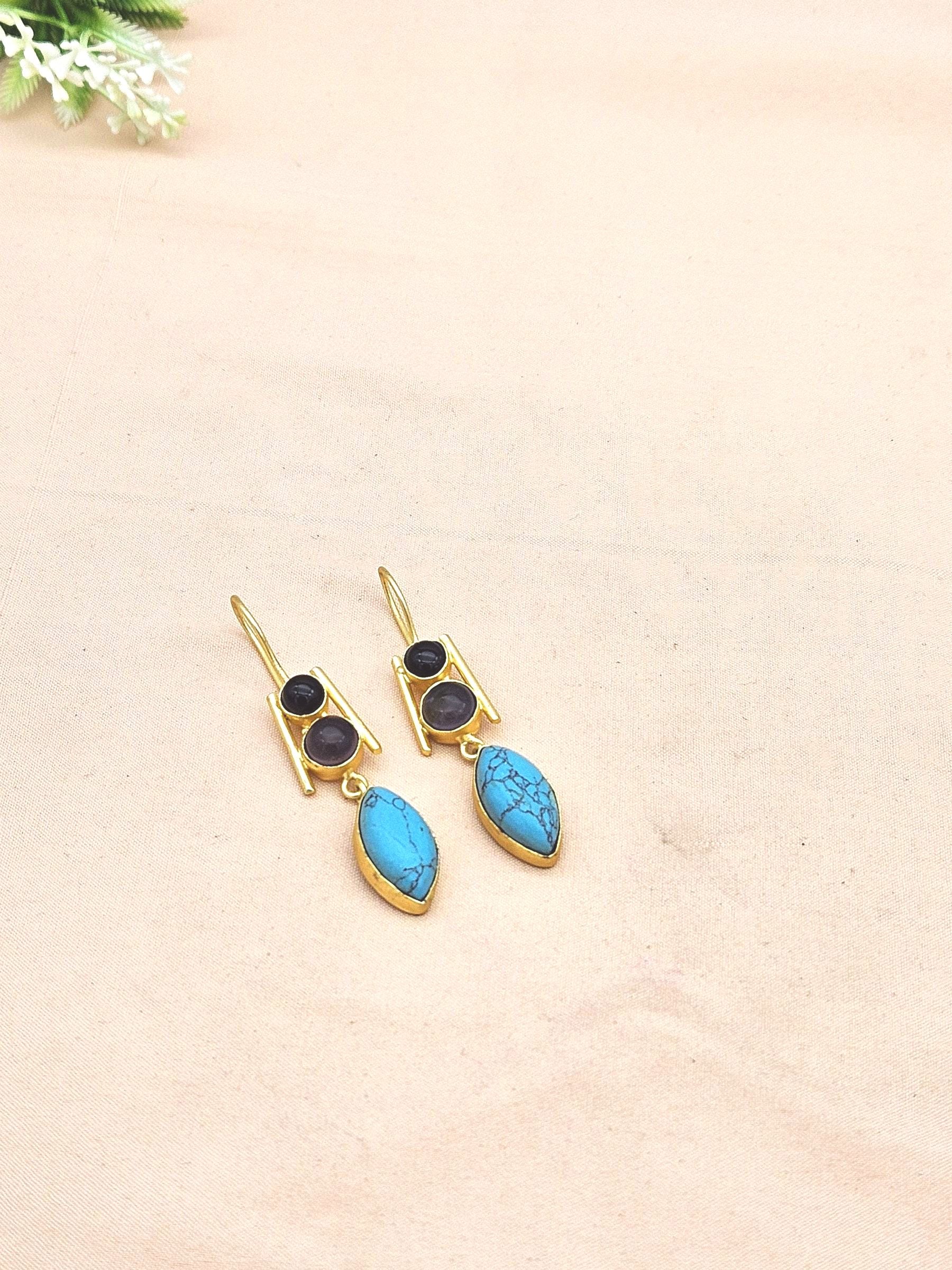 Awesome Gold plated Black Onyx-Lapis-Synthetic Turquoise Beautiful Designer Dangle Drop Earrings