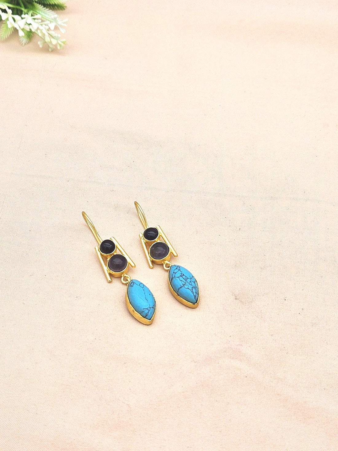 Awesome Gold plated Black Onyx-Lapis-Synthetic Turquoise Beautiful Designer Dangle Drop Earrings
