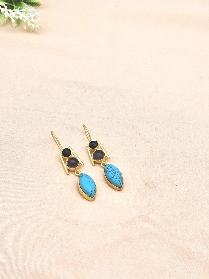 Awesome Gold plated Black Onyx-Lapis-Synthetic Turquoise Beautiful Designer Dangle Drop Earrings