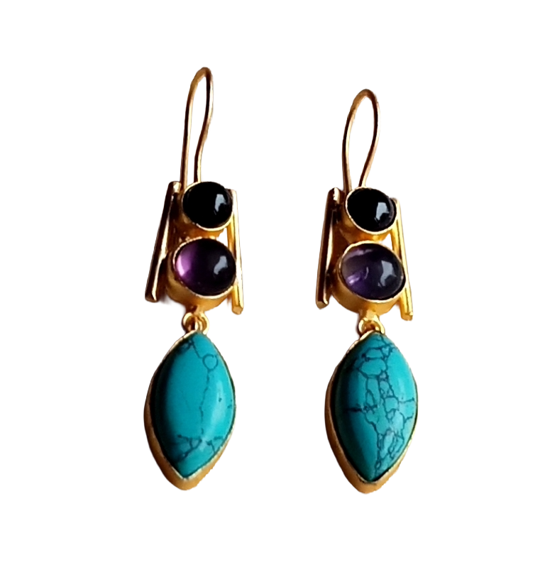 Awesome Gold plated Black Onyx-Lapis-Synthetic Turquoise Beautiful Designer Dangle Drop Earrings