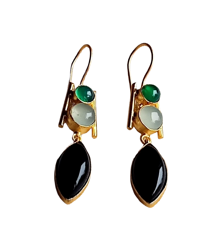 Awesome Gold plated Black & Green Onyx-Chalcedony Beautiful Designer Dangle Drop Earrings