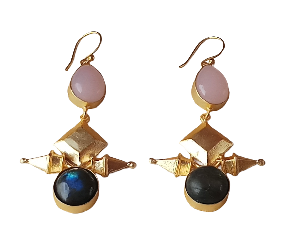 Awesome Gold plated Rose Quartz-Labradorite Gem Stones Charming Designer Dangle Drop Earrings