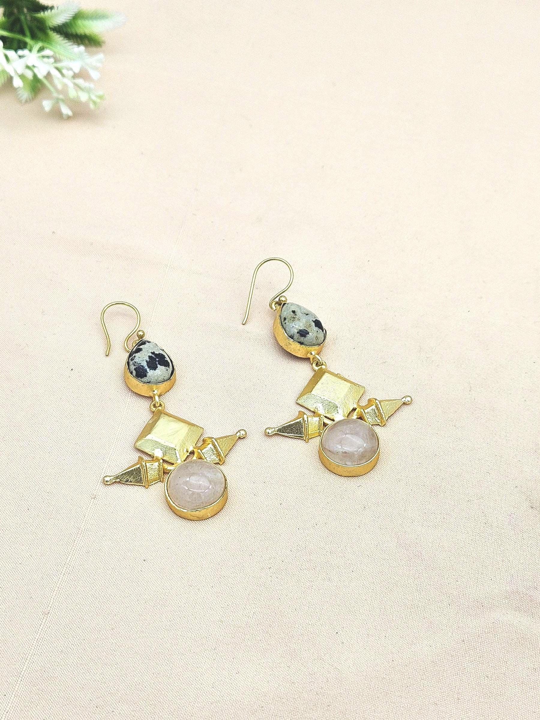Awesome Gold plated  Rose Quartz-Dalmatian Jasper Gem Stone Charming Designer Dangle Drop Earrings