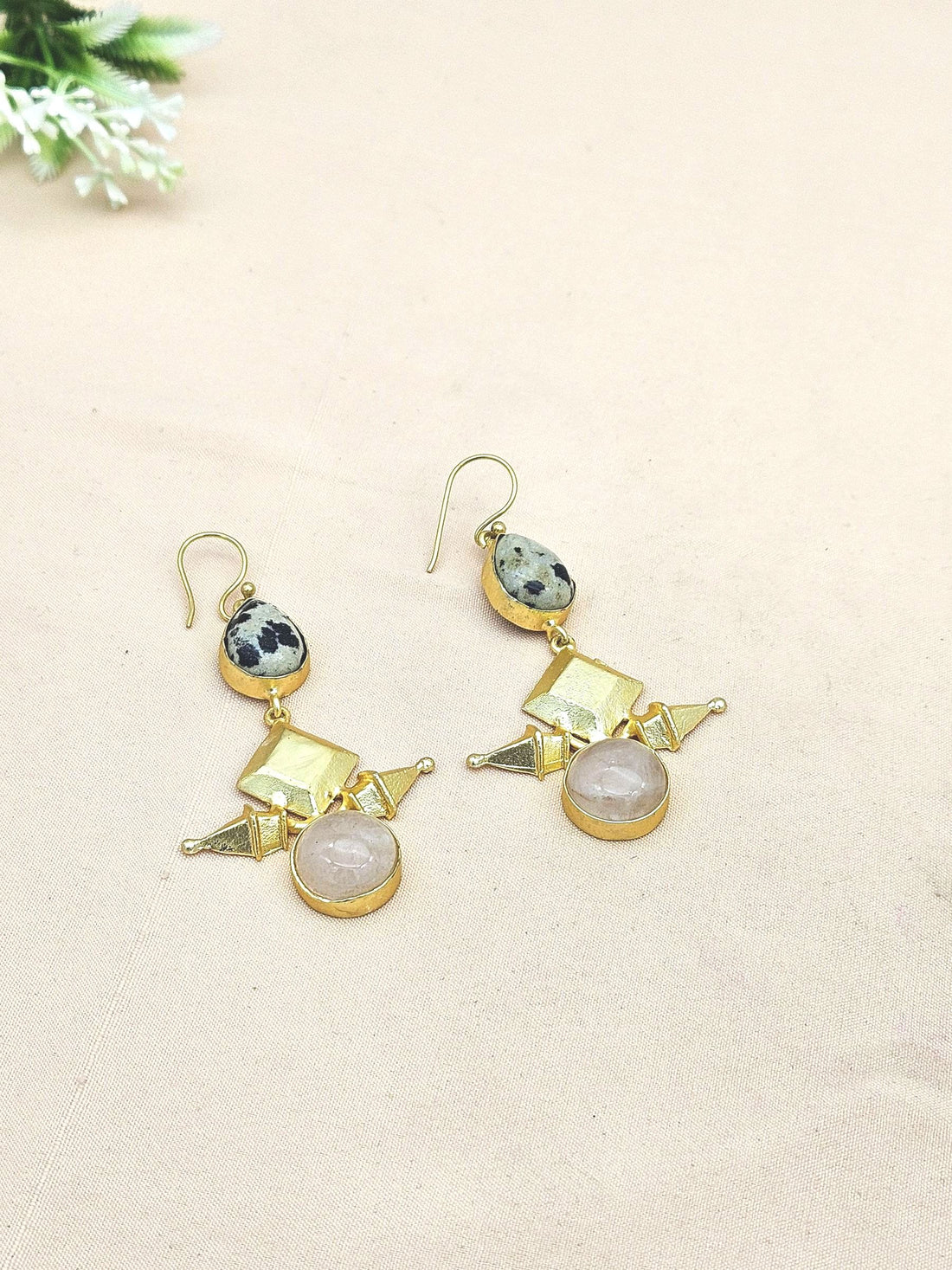 Awesome Gold plated  Rose Quartz-Dalmatian Jasper Gem Stone Charming Designer Dangle Drop Earrings