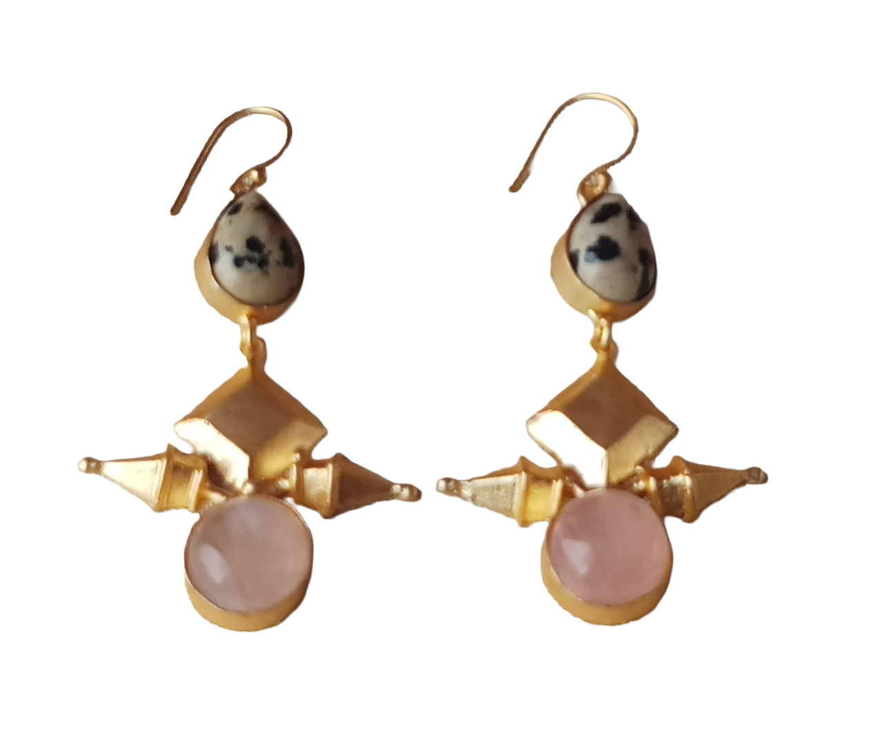 Awesome Gold plated  Rose Quartz-Dalmatian Jasper Gem Stone Charming Designer Dangle Drop Earrings