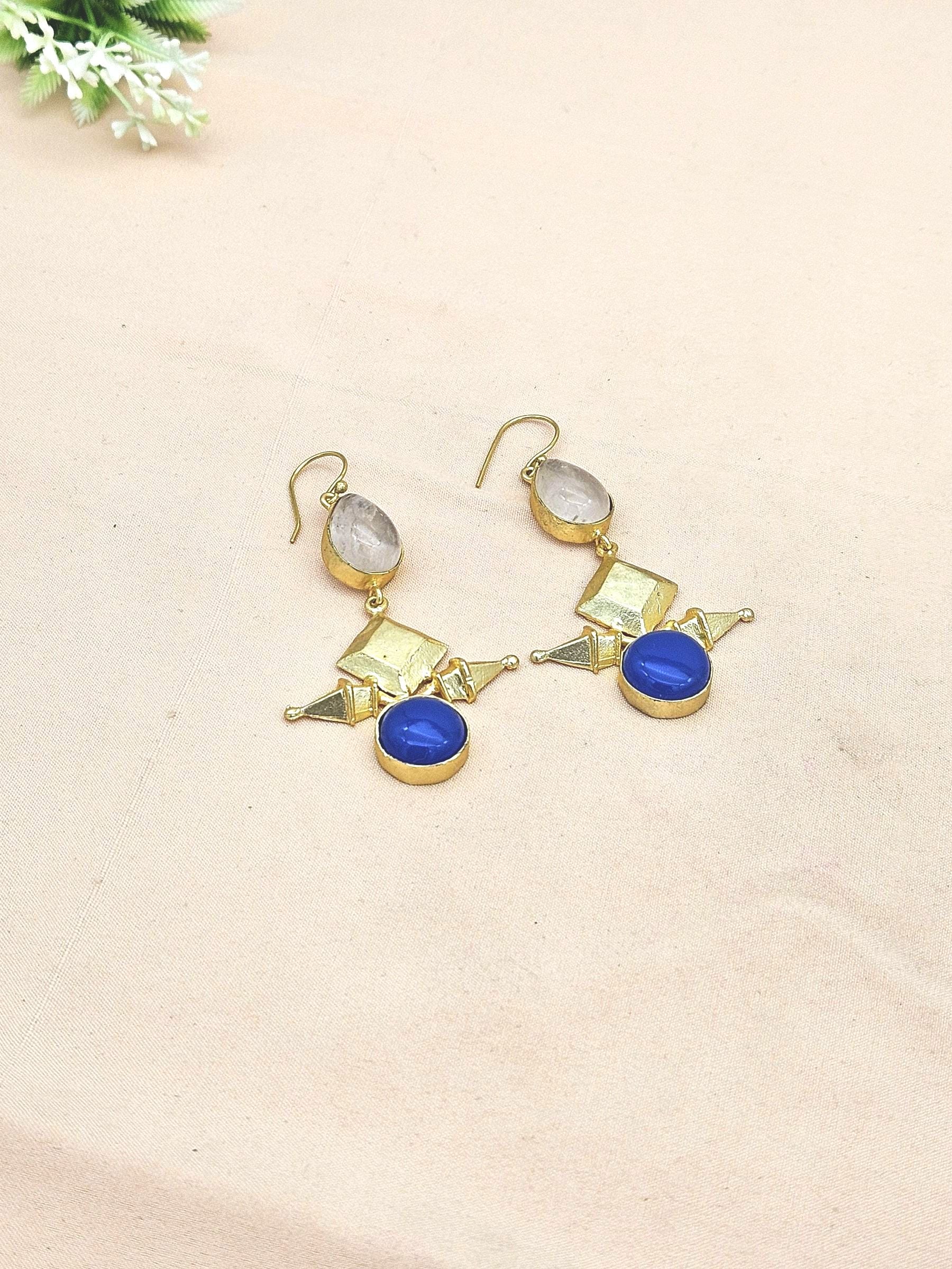 Awesome Gold plated  Rose Quartz-Blue Glass Stone Charming Designer Dangle Drop Earrings