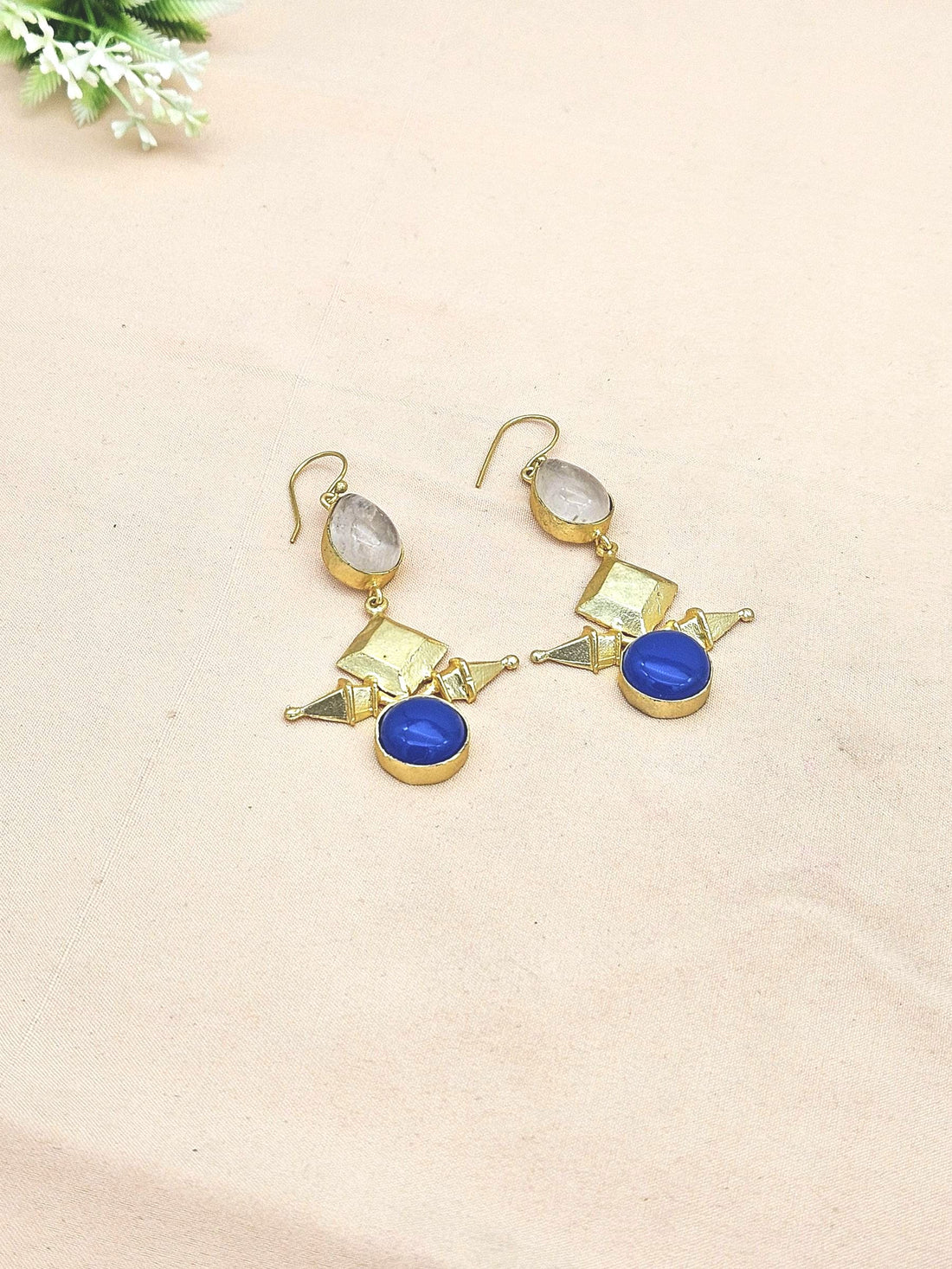 Awesome Gold plated  Rose Quartz-Blue Glass Stone Charming Designer Dangle Drop Earrings