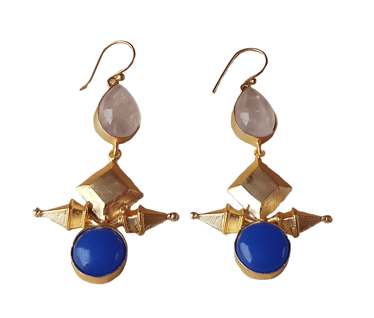 Awesome Gold plated  Rose Quartz-Blue Glass Stone Charming Designer Dangle Drop Earrings