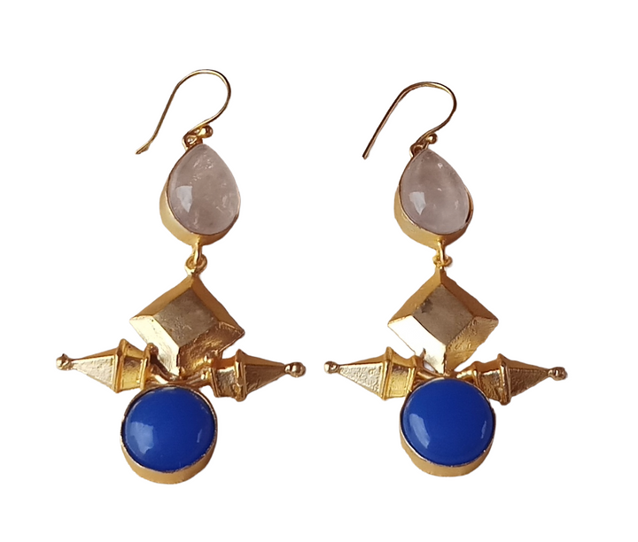 Awesome Gold plated  Rose Quartz-Blue Glass Stone Charming Designer Dangle Drop Earrings