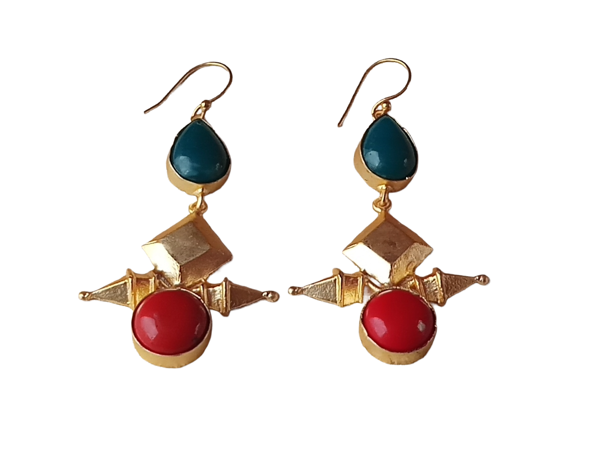 Awesome Gold plated  Red & Green Glass Stone Charming Designer Dangle Drop Earrings