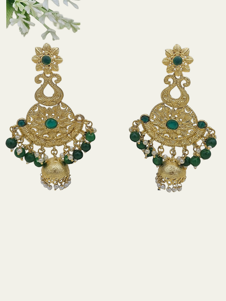 Amazing Gold plated Green Glass Stone-Beads-Pearl Charming Party wear Earrings