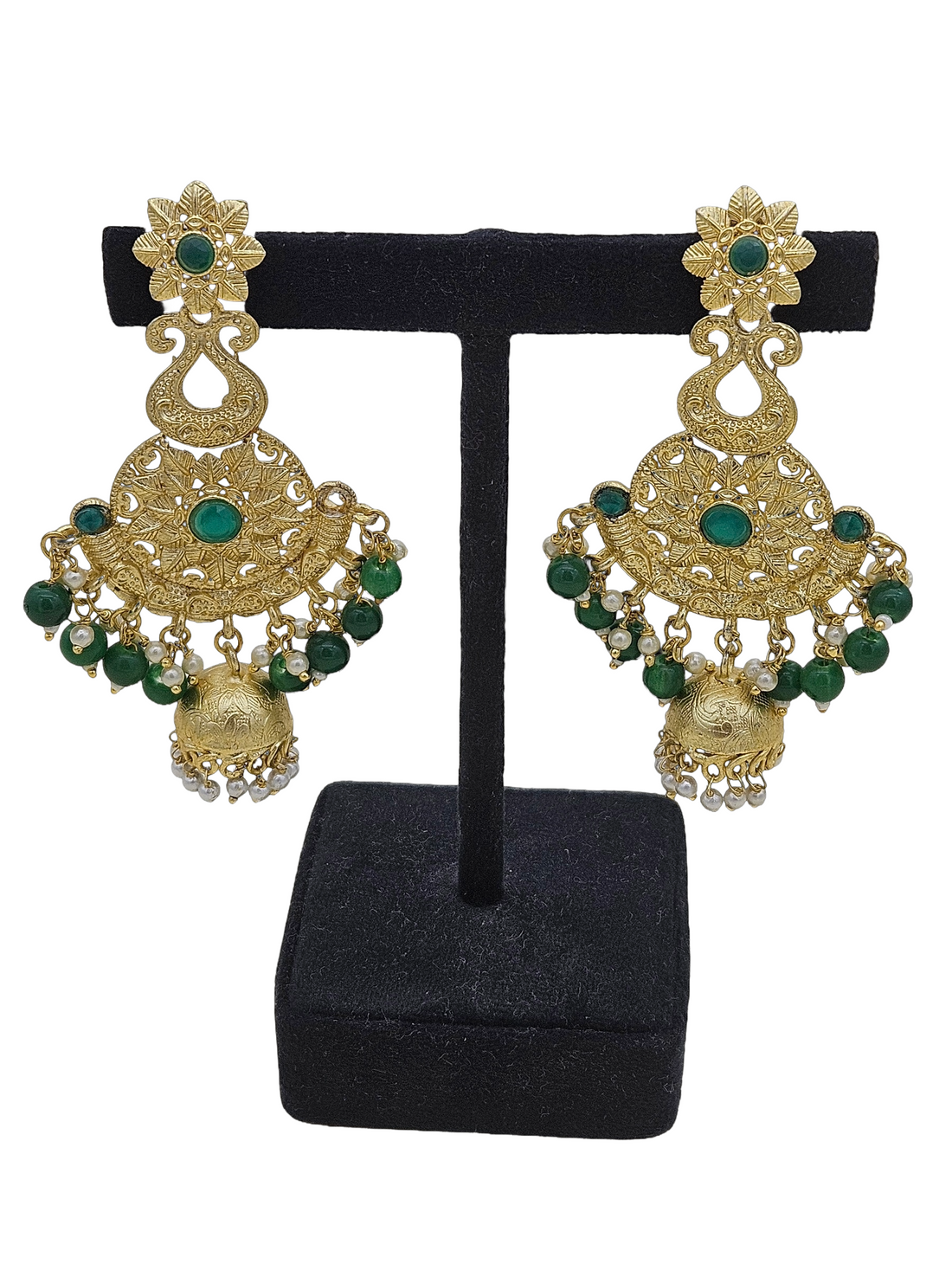 Amazing Gold plated Green Glass Stone-Beads-Pearl Charming Party wear Earrings