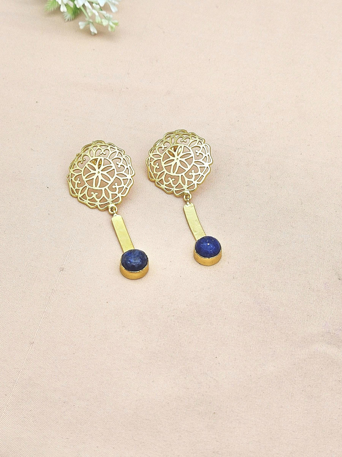 Amazing Gold plated Lapis Gem Stone Charming Floral Designer Dangle Drop Earrings