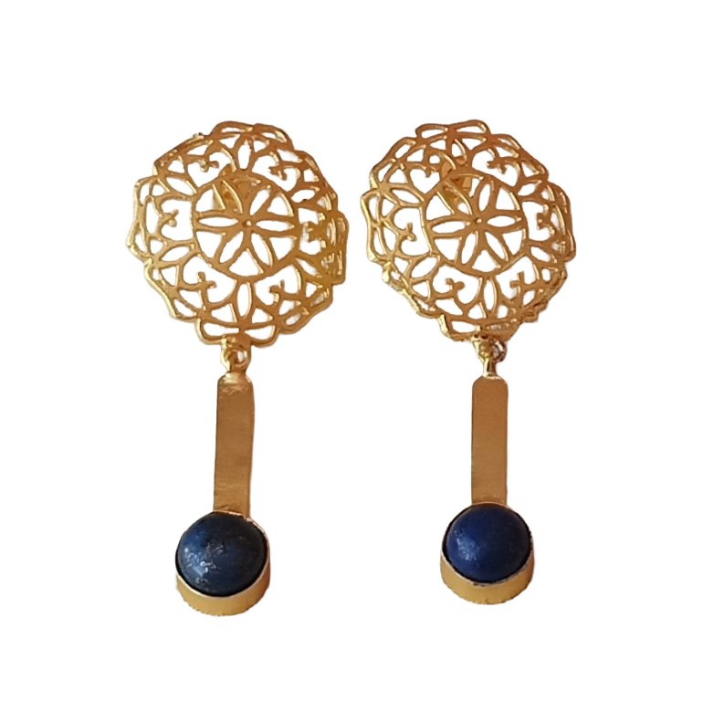 Amazing Gold plated Lapis Gem Stone Charming Floral Designer Dangle Drop Earrings
