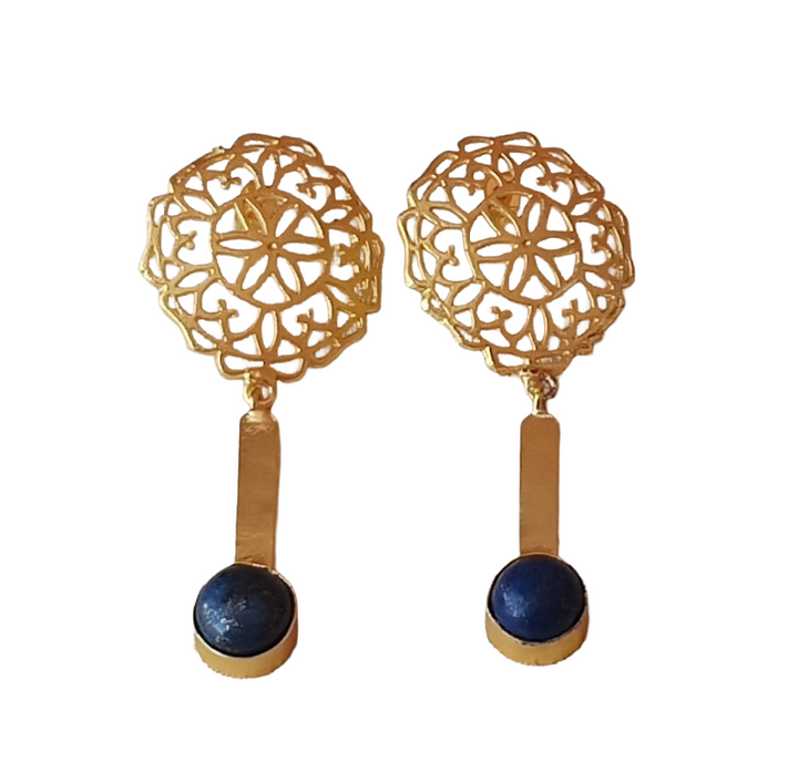 Amazing Gold plated Lapis Gem Stone Charming Floral Designer Dangle Drop Earrings