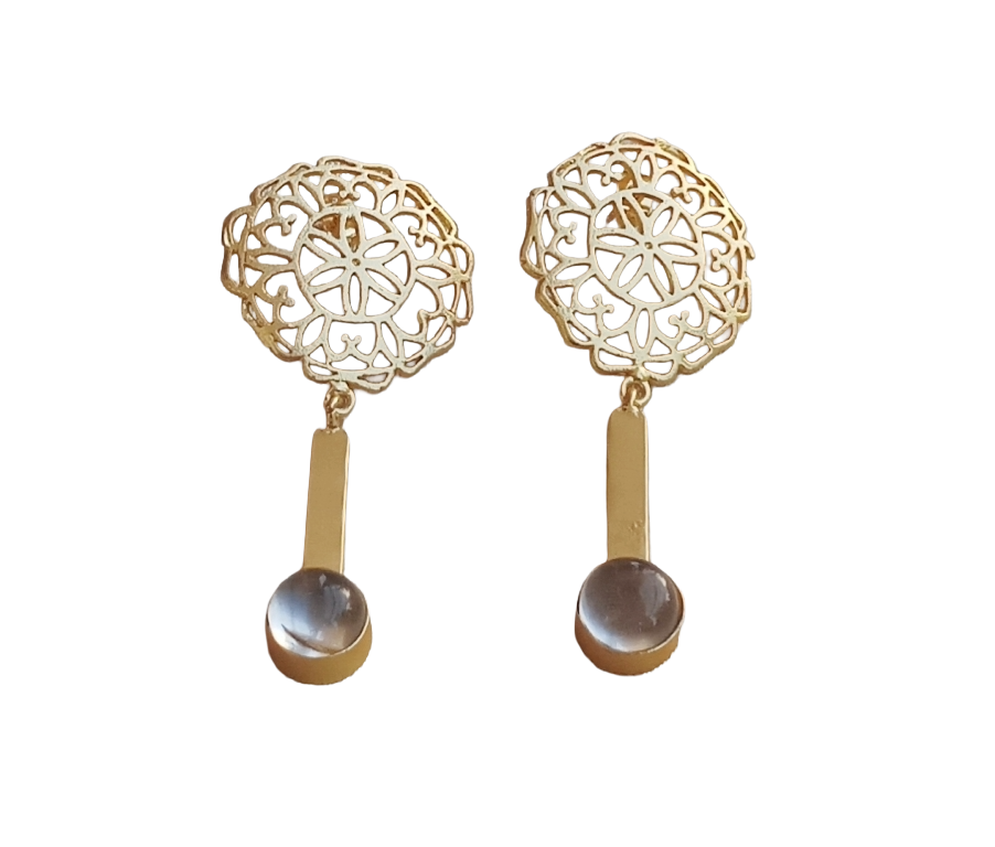 Amazing Gold plated Rose Quartz Gem Stone Charming Floral Designer Dangle Drop Earrings
