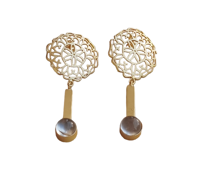 Amazing Gold plated Rose Quartz Gem Stone Charming Floral Designer Dangle Drop Earrings