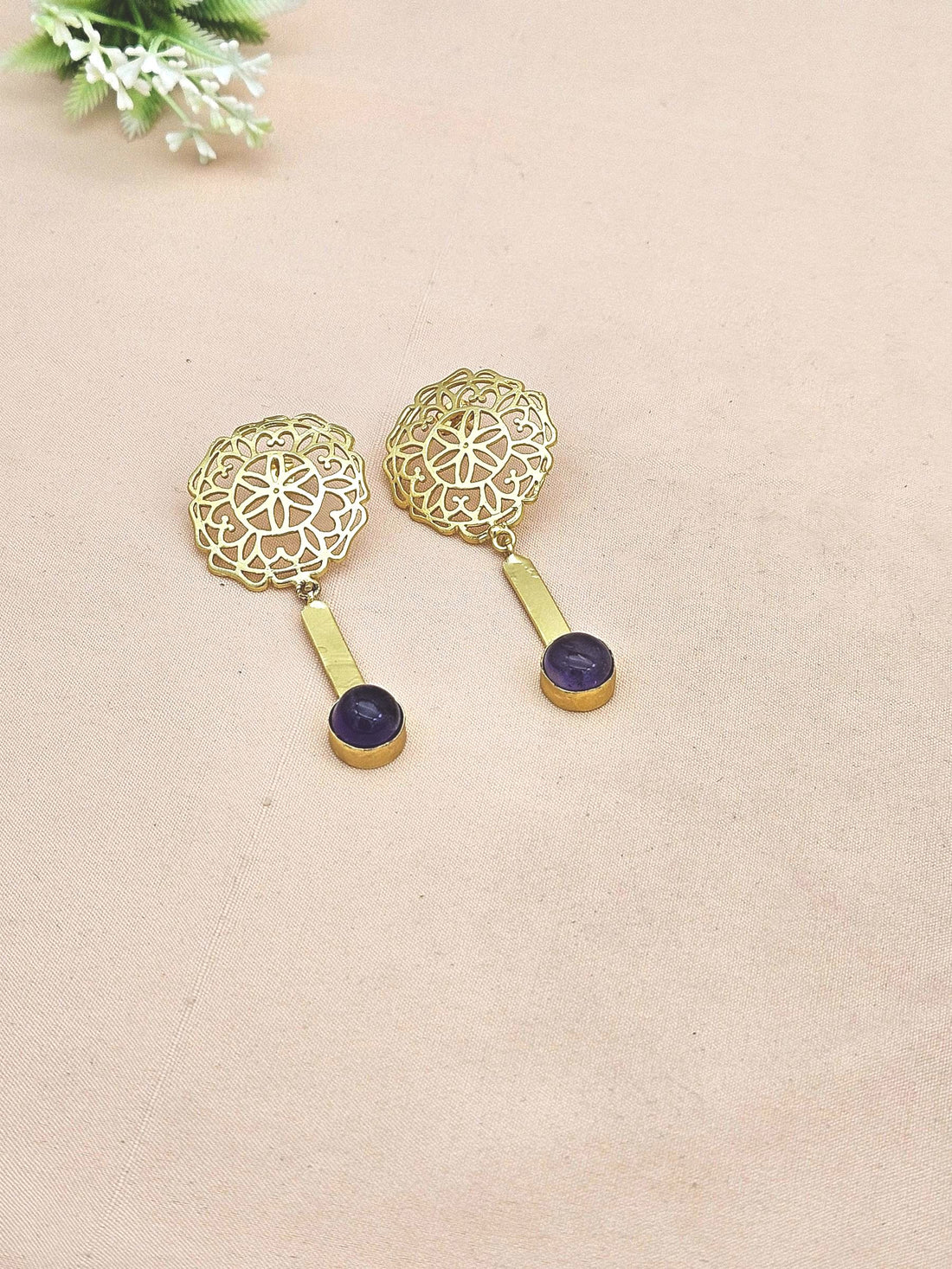 Amazing Gold plated Amethyst Gem Stone Charming Floral Designer Dangle Drop Earrings