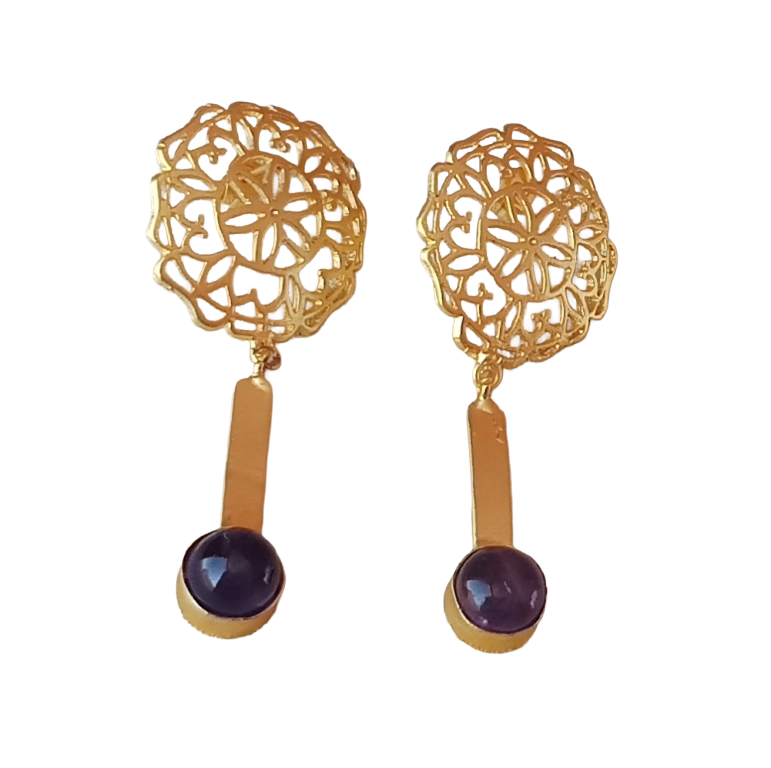 Amazing Gold plated Amethyst Gem Stone Charming Floral Designer Dangle Drop Earrings