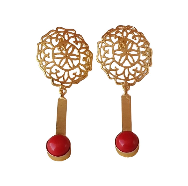 Amazing Gold plated Red Glass Stone Charming Floral Designer Dangle Drop Earrings