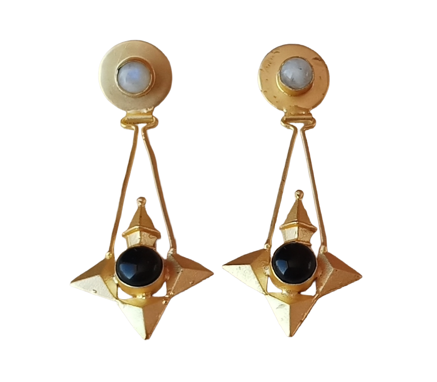 Elegant Gold plated White Rainbow-Black Onyx stone Charming Designer Dangle Drop Earrings