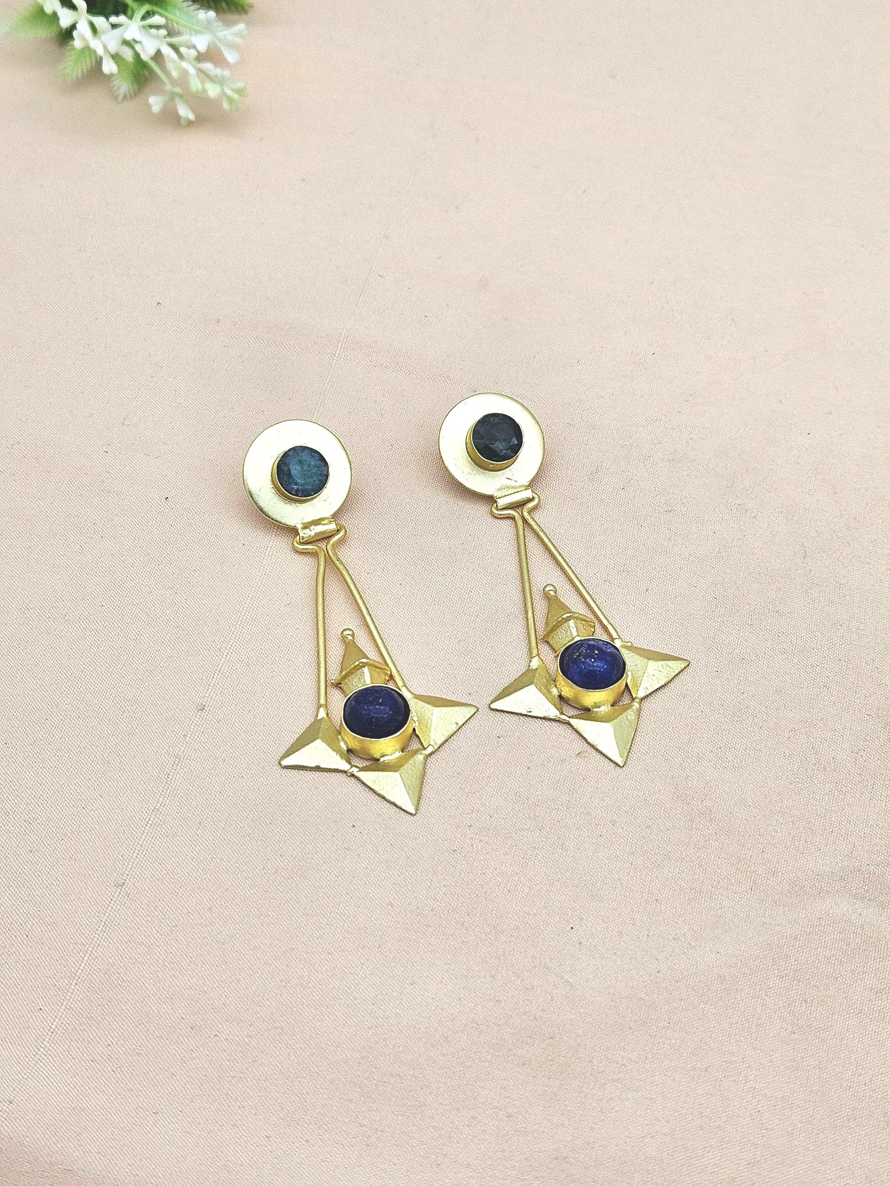 Elegant Gold plated Green Hathipara-Lapis stone Charming Designer Dangle Drop Earrings