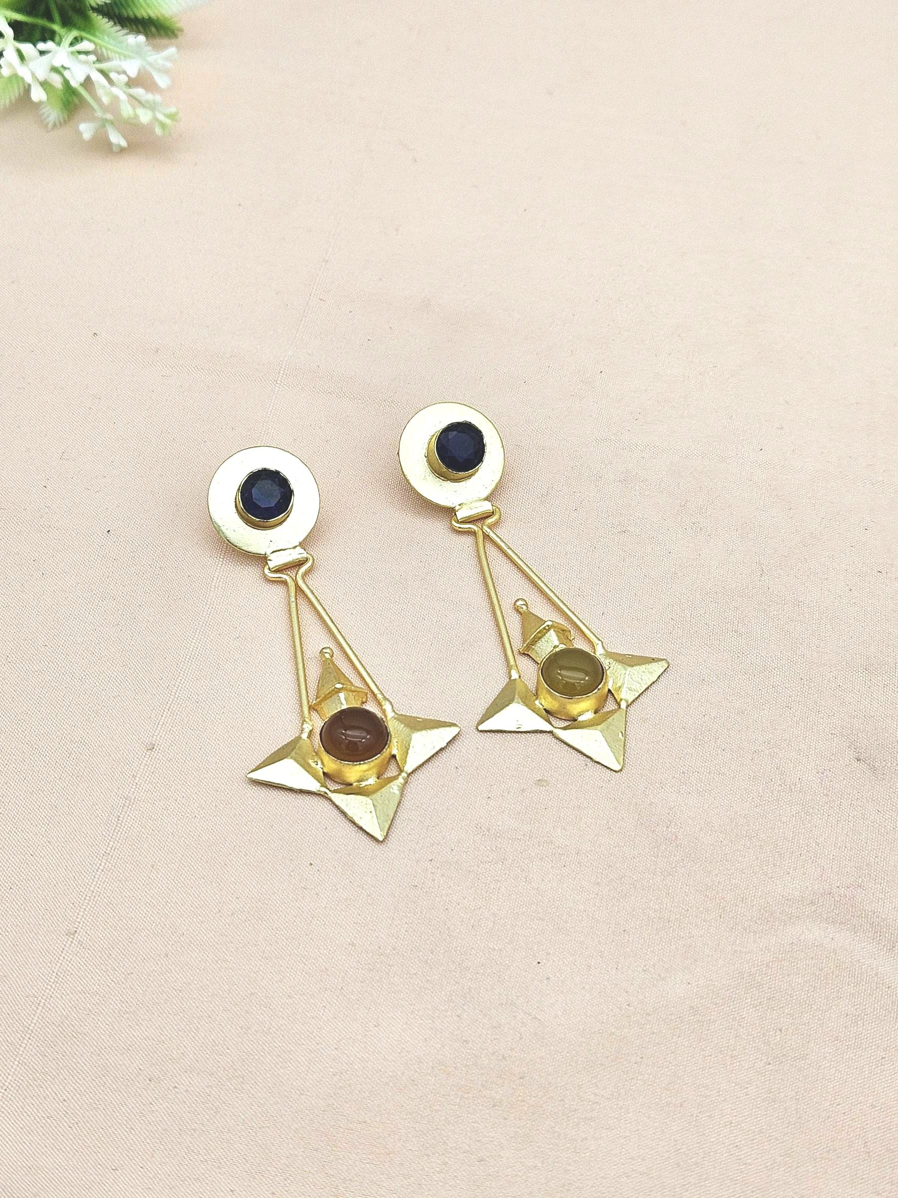 Elegant Gold plated Yellow Chalcedony-Blue Glass stone Charming Designer Dangle Drop Earrings