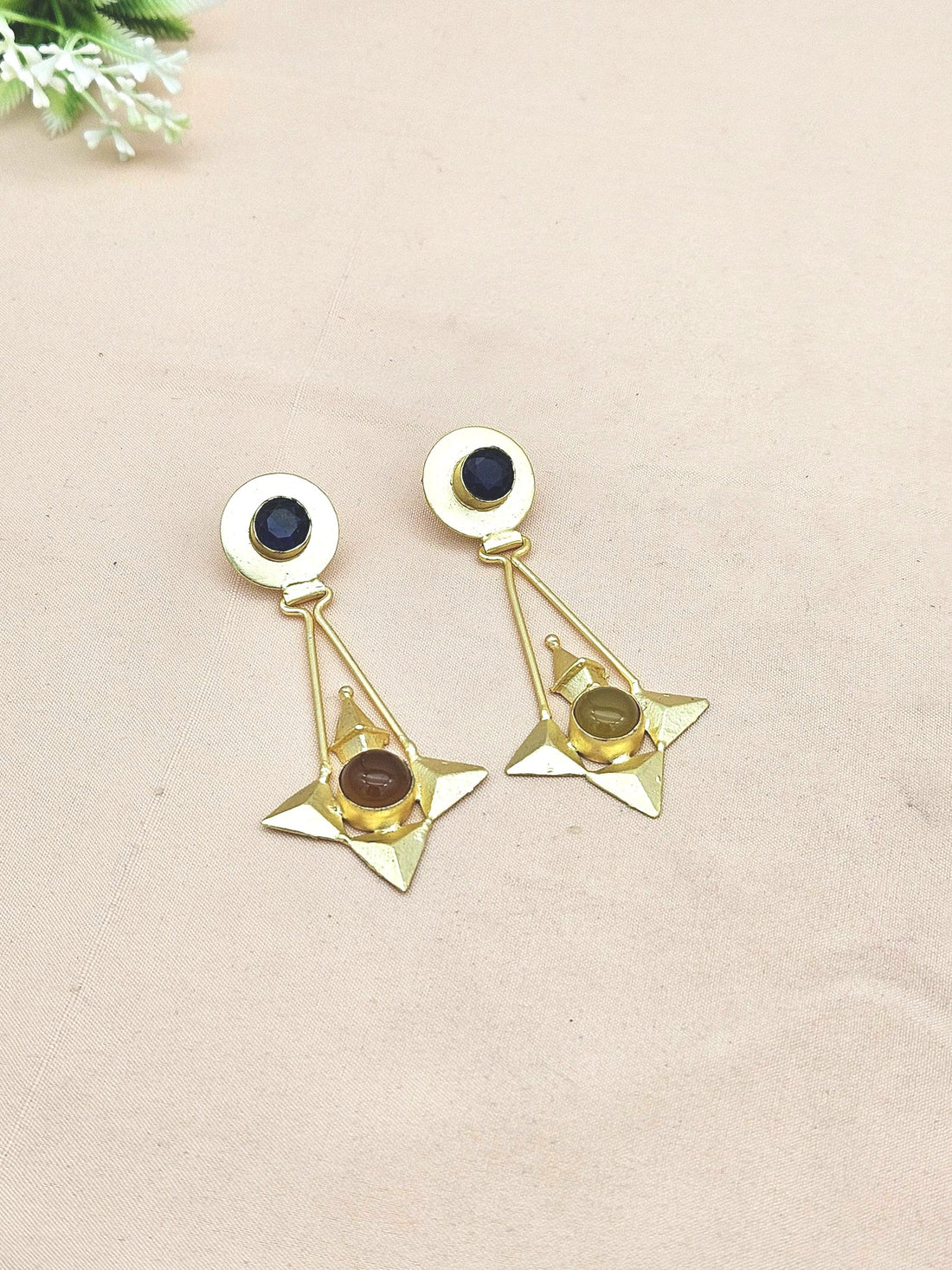 Elegant Gold plated Yellow Chalcedony-Blue Glass stone Charming Designer Dangle Drop Earrings