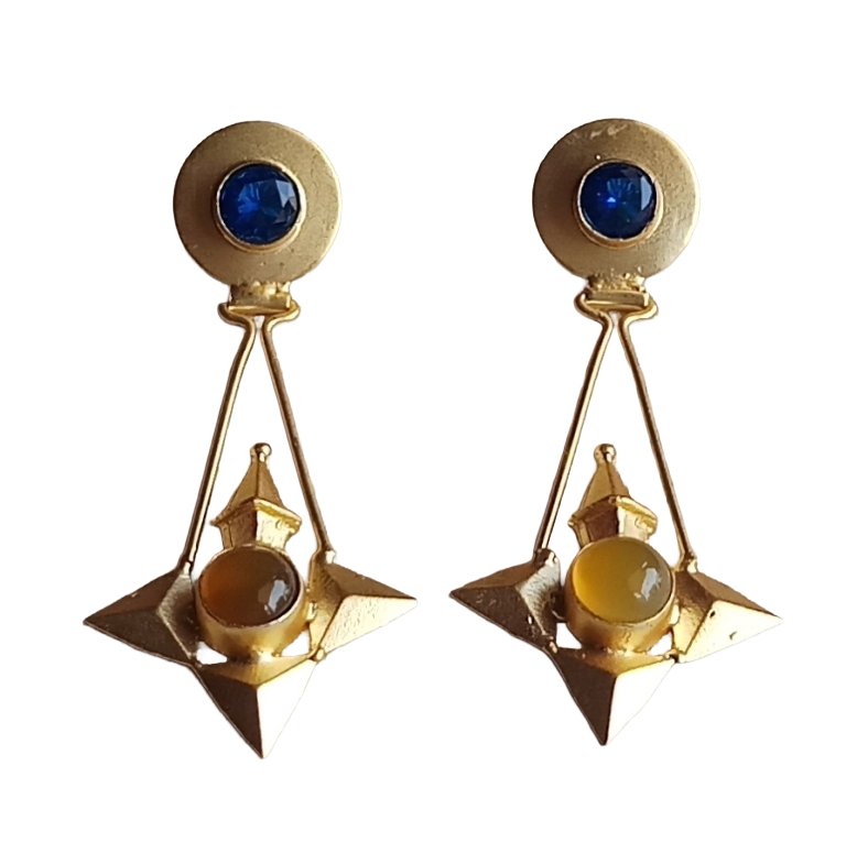 Elegant Gold plated Yellow Chalcedony-Blue Glass stone Charming Designer Dangle Drop Earrings
