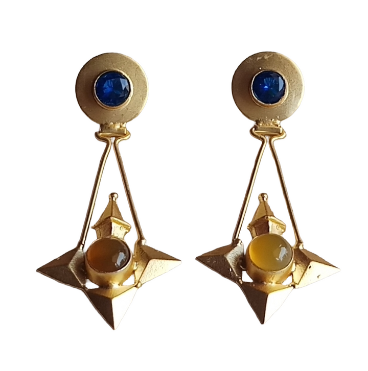 Elegant Gold plated Yellow Chalcedony-Blue Glass stone Charming Designer Dangle Drop Earrings