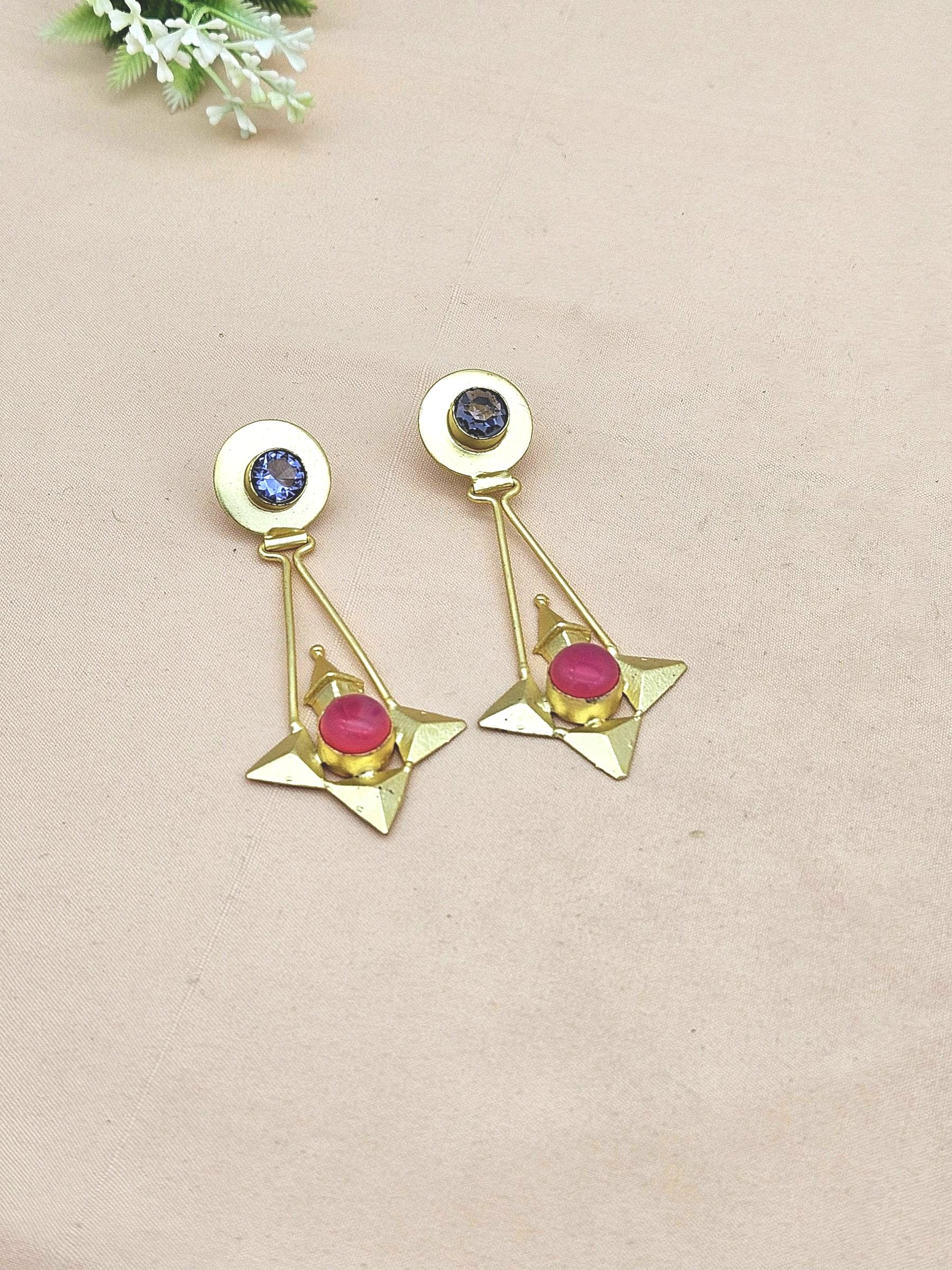 Elegant Gold plated Purple Glass-Magenta Onyx stone Charming Designer Dangle Drop Earrings