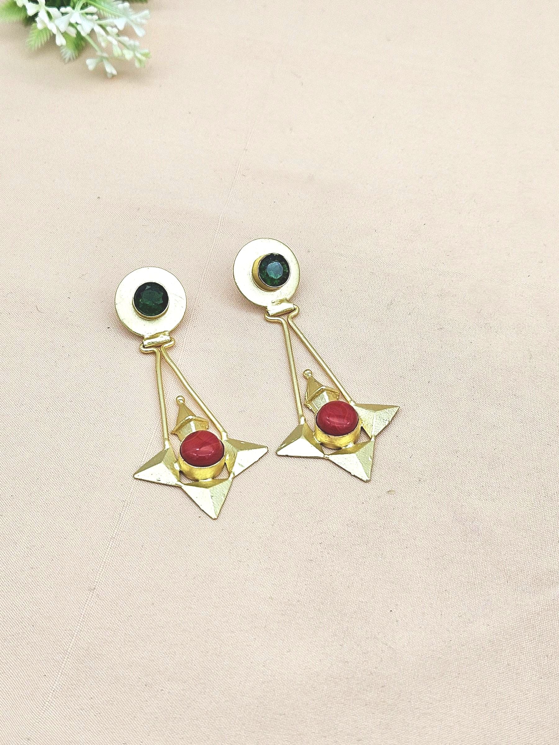 Elegant Gold plated Red & Green Glass stone Charming Designer Dangle Drop Earrings